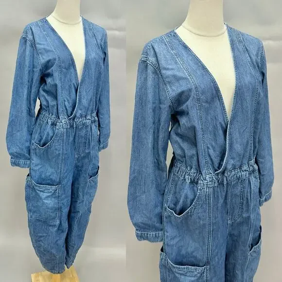 Free‎ People Archie Denim Jumpsuit Coveralls Utility Size Medium Barrel Leg